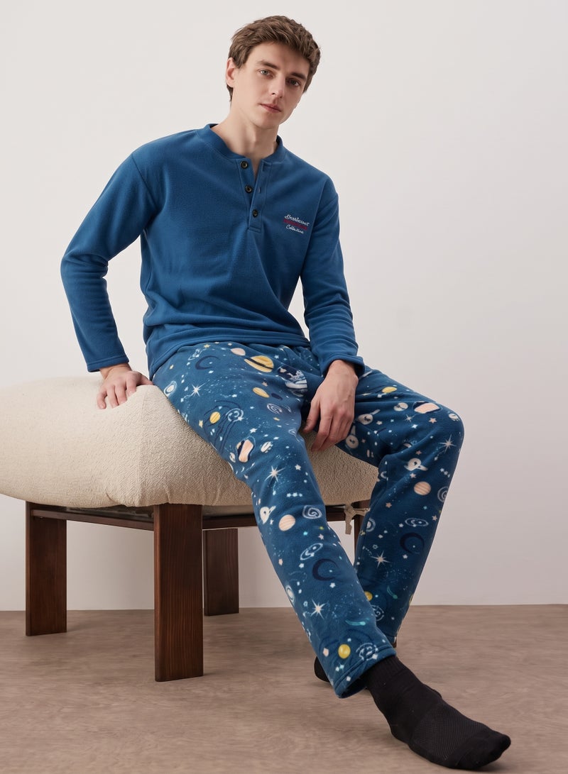trendyol Indigo Fleece Soft Textured Knitted Pajamas Set Tmnaw25Pt00057 - Image 1