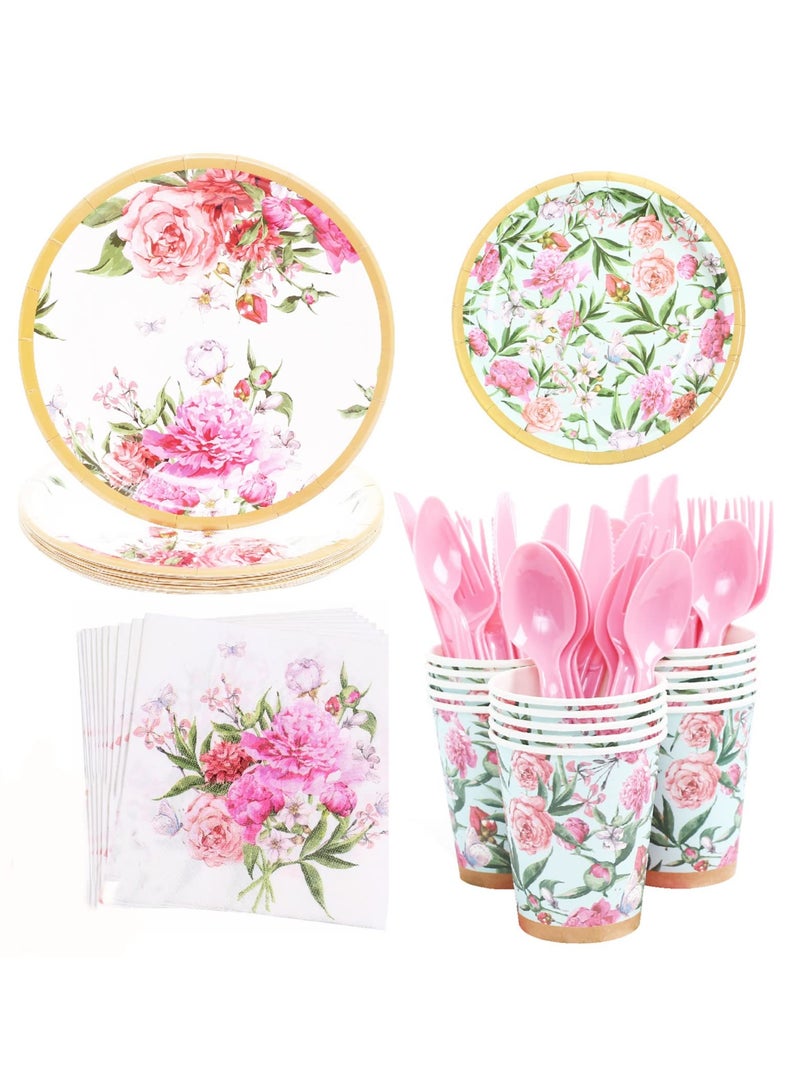KASTWAVE Floral Party Supplies Set,Tea Party Dinnerware Set for Baby Shower Plates Bridal Shower Wedding Shower Flower Birthday Decorations Garden(Serves 16) - Image 1