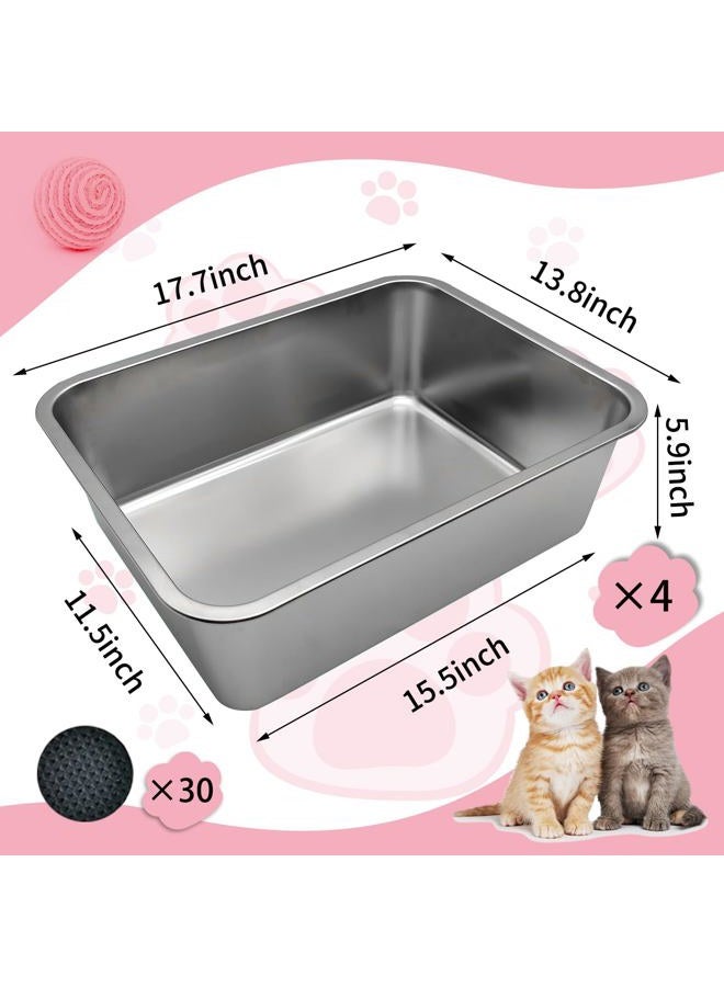 Olutacot 4 Pcs Large Stainless Steel Litter Box 17.7" X 13.8" X 5.9" Metal Cat Litter Box with 30 Pcs Non-Slip Gaskets Large Litter Pan for Cat Kitties No Smell Non Stick Pet Toilet Supplies - Image 2