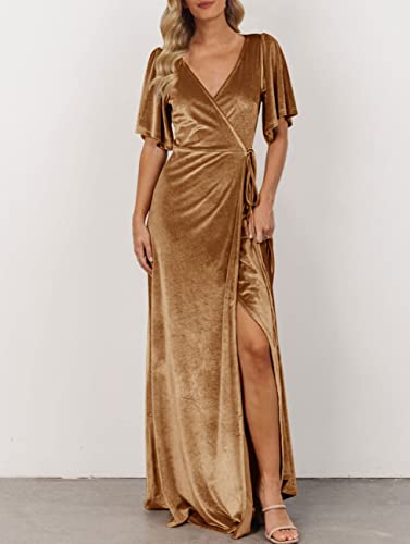 MEROKEETY Women's V Neck Wrap Velvet Maxi Wedding Guest Dress Bell Sleeve Split Bridesmaid Cocktail Party Formal Dresses, Golden, M - Image 2