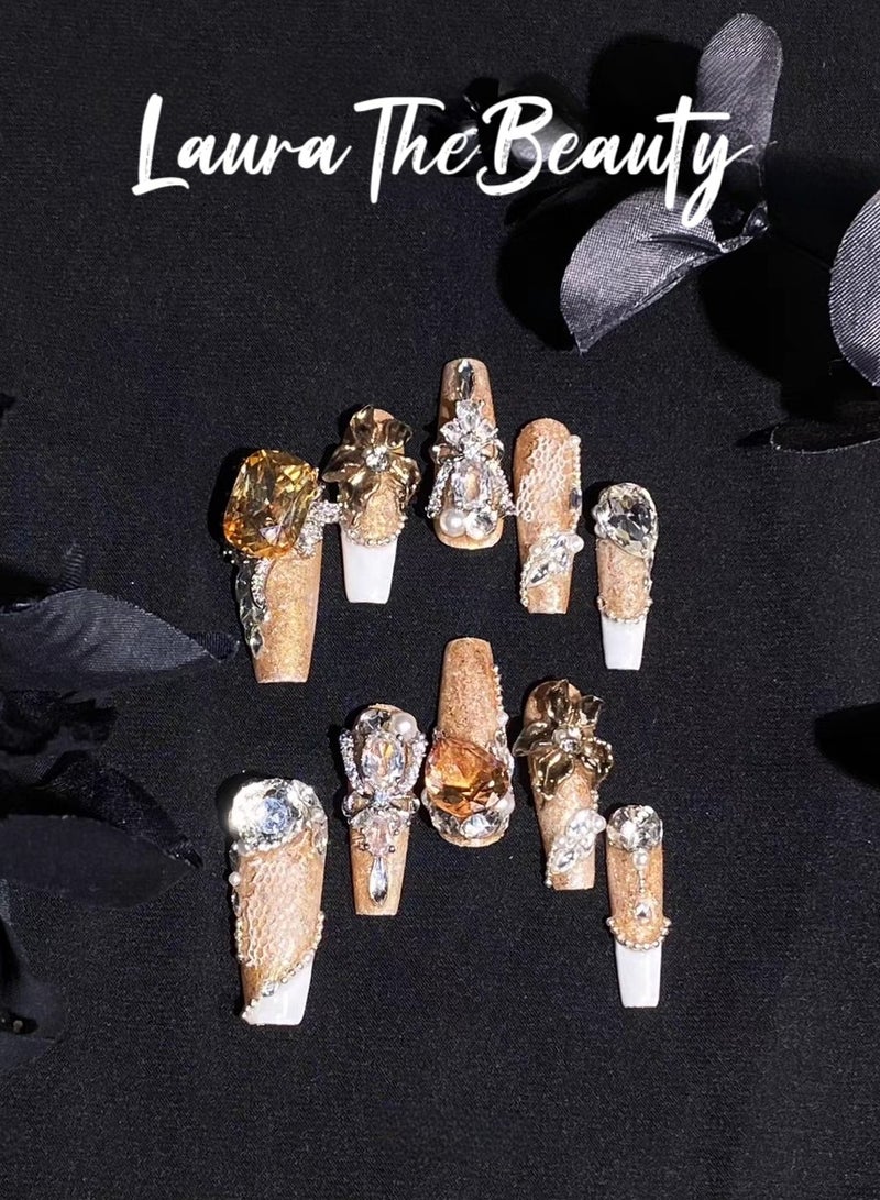 LauraTheBeauty 【Sweet Heart】10 Pcs Rhinestone Nail Art False Nails Short Square Fake Nails Press on Nails with Wearing Tools - Image 1