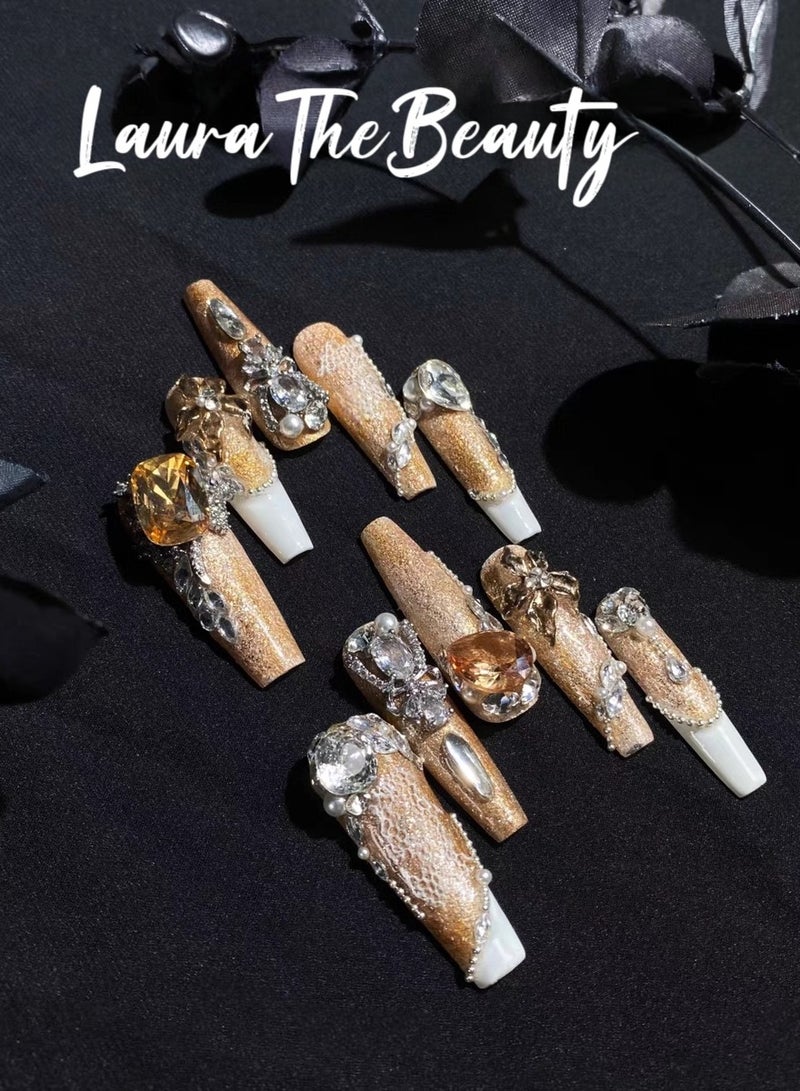 LauraTheBeauty 【Sweet Heart】10 Pcs Rhinestone Nail Art False Nails Short Square Fake Nails Press on Nails with Wearing Tools - Image 2