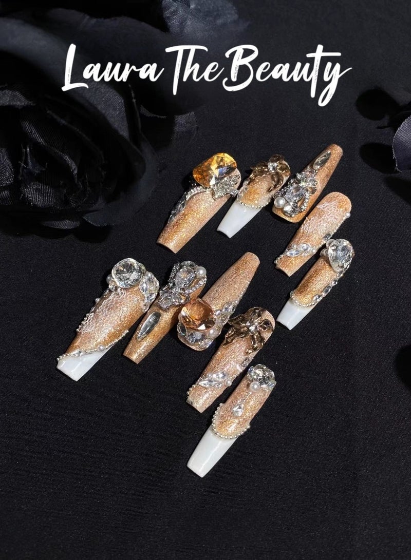 LauraTheBeauty 【Sweet Heart】10 Pcs Rhinestone Nail Art False Nails Short Square Fake Nails Press on Nails with Wearing Tools - Image 3