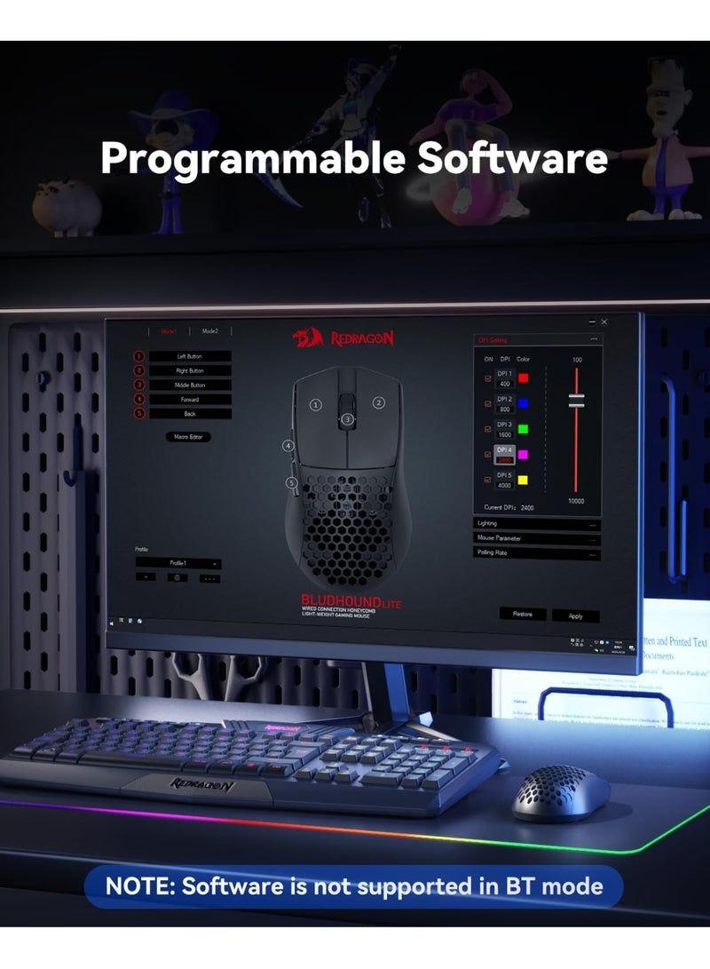 ريدراجون ماوس ألعاب سلكي خفيف الوزن M617-LIT بقشرة خلوية، 41غ، 10,000 DPI، 6 أزرار قابلة للبرمجة، حبل بارا كورد خالي من السحب، ماوس ألعاب Type-C مع زرين جانبيين لجهاز الكمبيوتر/ماك/لابتوب، أسود - Image 3
