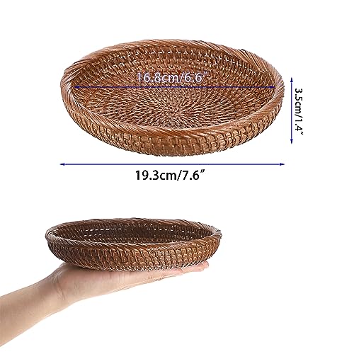 Hipiwe Small Key Basket Bowl for Entryway 7.6" Round Woven Wicker Basket Fruit Serving Tray Woven Basket Wall Decor Rattan Organizer Basket for Keys Wallet Cell Phone, Brown - Image 4