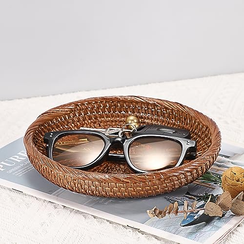 Hipiwe Small Key Basket Bowl for Entryway 7.6" Round Woven Wicker Basket Fruit Serving Tray Woven Basket Wall Decor Rattan Organizer Basket for Keys Wallet Cell Phone, Brown - Image 3