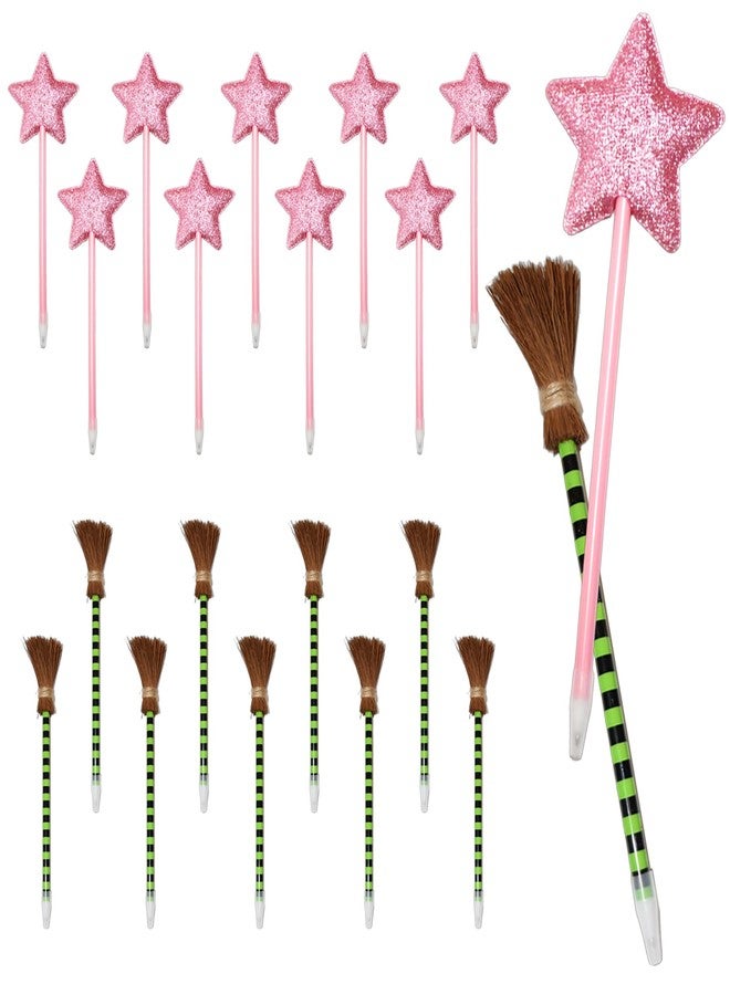 ZREVSB 20 Pack Princess and Wicked Party Favors,10 Princess Wands Pink Pens and 10 Witch Broom Green Stripes Ballpoints,Wicked Birthday Party Decorations - Image 1
