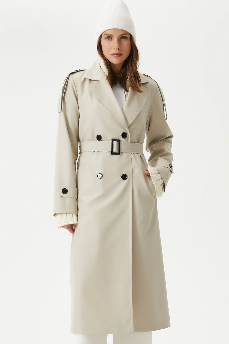 Ritnice Women Detroit Lined Epaulette Detailed Long Stone Trench Coat