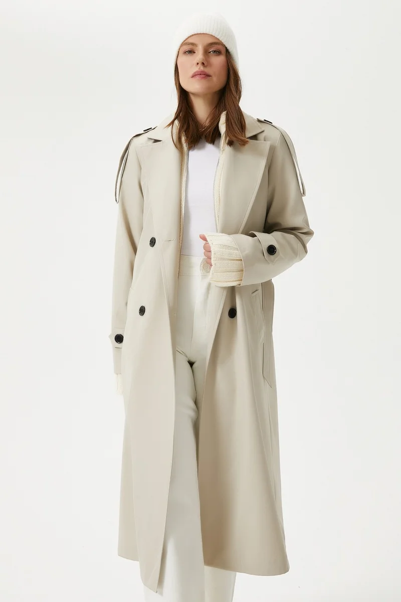 Ritnice Women Detroit Lined Epaulette Detailed Long Stone Trench Coat