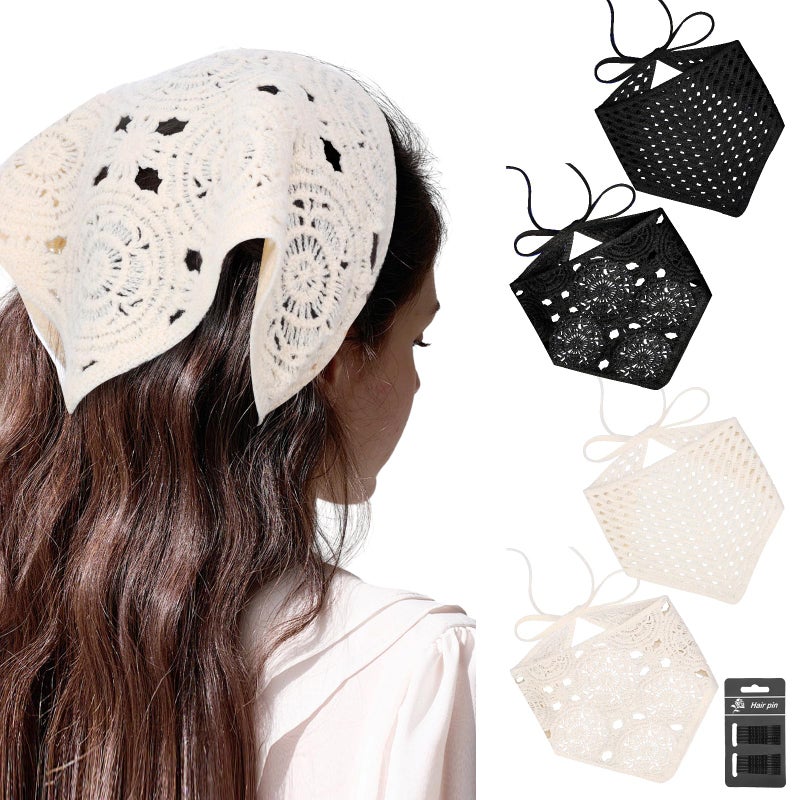 obeoby 4 PCS Crochet Bandanas Headscarf Women Hair Scarf Headband for Girls with Hair Pins Stocking Stuffers for Women Girls