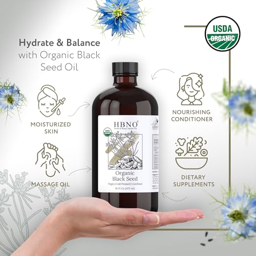 HBNO Organic Black Seed Oil - Huge 16 oz (475ml) Glass Bottle Value Size - USDA Certified Organic Black Seed Oil, Cold Pressed for Face, Body, Lips, Shampoo & Conditioner - Image 2