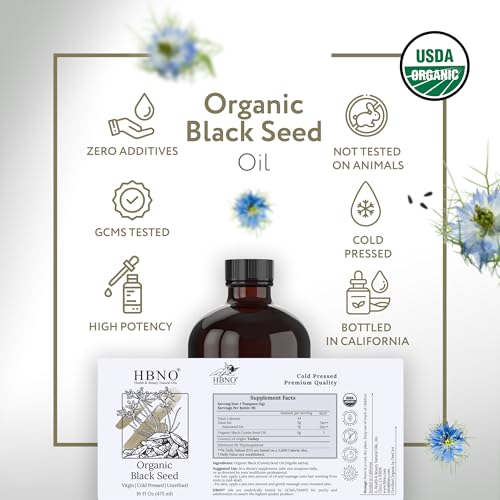 HBNO Organic Black Seed Oil - Huge 16 oz (475ml) Glass Bottle Value Size - USDA Certified Organic Black Seed Oil, Cold Pressed for Face, Body, Lips, Shampoo & Conditioner - Image 4