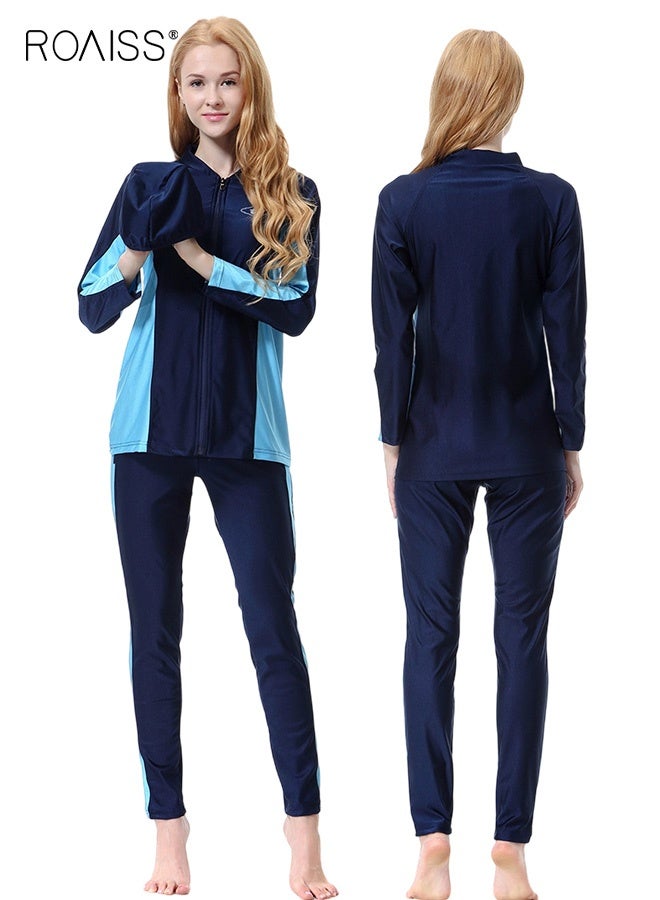 roaiss Women's 3 Pcs Muslim Conservative Swimsuits Modest Islamic Full Coverage Burqini Beachwear Quick-Drying Sport Swimming Suit Ladies Sun Protection Burkini Swimwear with Chest Pad (Long Sleeves + Long Pants + Swimming Cap) Navy Blue  - Image 2