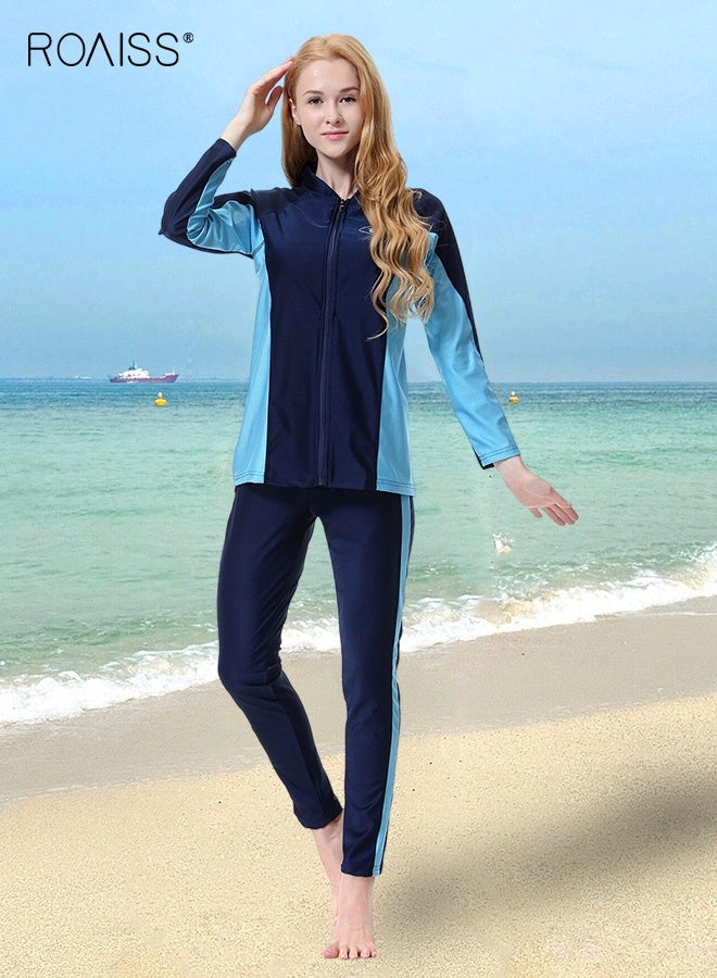 roaiss Women's 3 Pcs Muslim Conservative Swimsuits Modest Islamic Full Coverage Burqini Beachwear Quick-Drying Sport Swimming Suit Ladies Sun Protection Burkini Swimwear with Chest Pad (Long Sleeves + Long Pants + Swimming Cap) Navy Blue  - Image 3