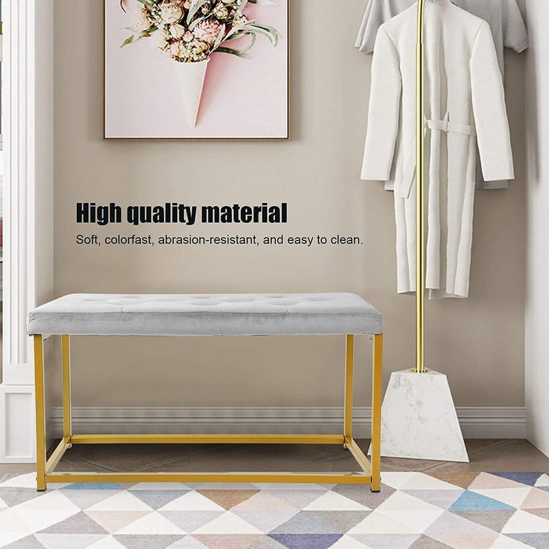 INDIAN DECOR INDIAN DECOR 38069 Classic Velvet Seat Bench Bed End Stool with Metal Frame for Living Room Bedroom Hallway Living Room Golden Frame Grey Cushion  - Image 4