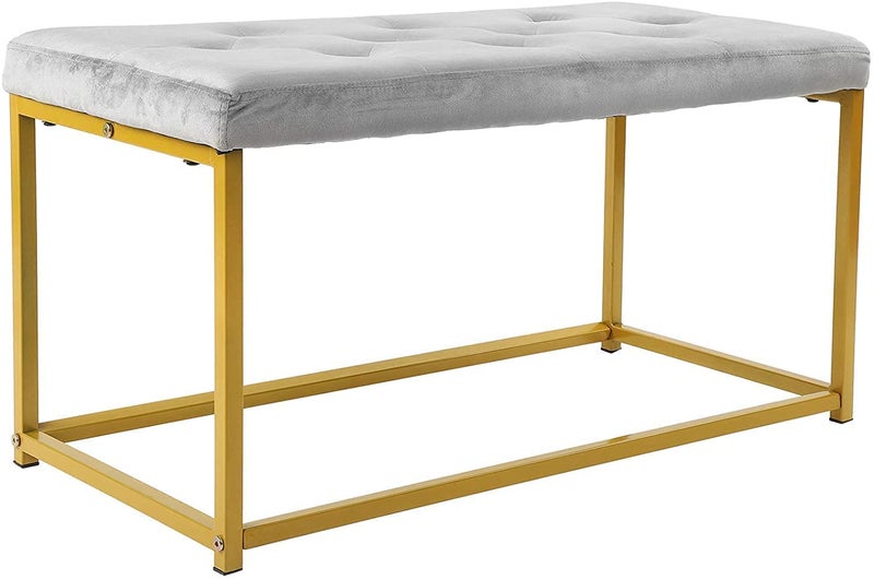 INDIAN DECOR INDIAN DECOR 38069 Classic Velvet Seat Bench Bed End Stool with Metal Frame for Living Room Bedroom Hallway Living Room Golden Frame Grey Cushion  - Image 1