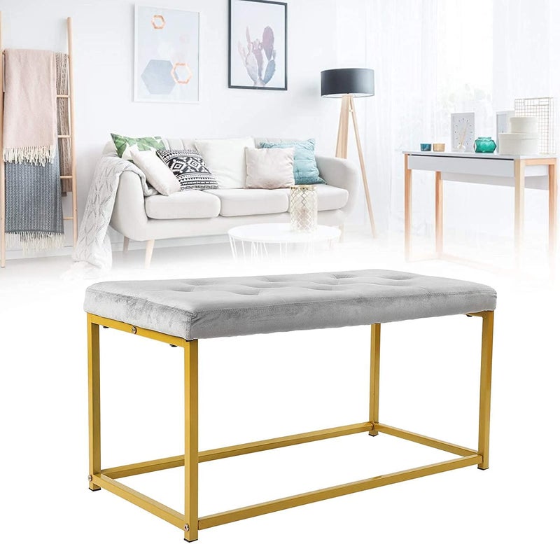 INDIAN DECOR INDIAN DECOR 38069 Classic Velvet Seat Bench Bed End Stool with Metal Frame for Living Room Bedroom Hallway Living Room Golden Frame Grey Cushion  - Image 3