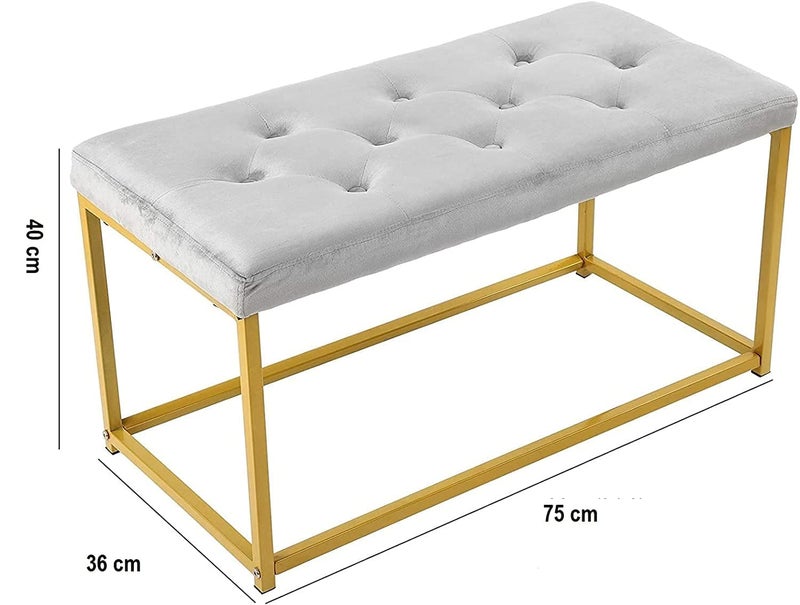 INDIAN DECOR INDIAN DECOR 38069 Classic Velvet Seat Bench Bed End Stool with Metal Frame for Living Room Bedroom Hallway Living Room Golden Frame Grey Cushion  - Image 2