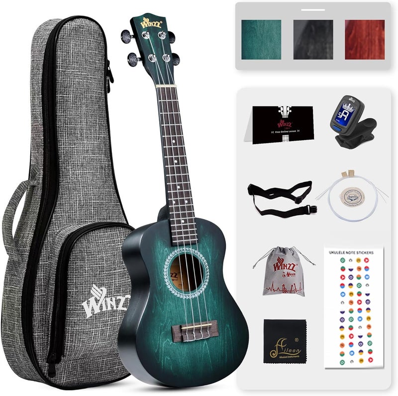 Winzz HAND RUBBED Series - Concert Ukulele Vintage Hawaiian Uke with Online Lessons, Bag, Tuner, Strap, Extra Strings, Fingerboard Sticker, 23 Inches, Dark Hunter Green - Image 1