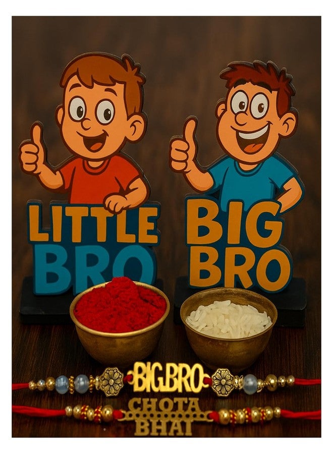 WRH Raksha Bandhan Gift Set | Designer Rakhi for Brother (Big Bro & Chota Bhai) with MDF Big Brother & Little Brother Showpiece | Rakhi Gift Combo for Bhai - Image 1