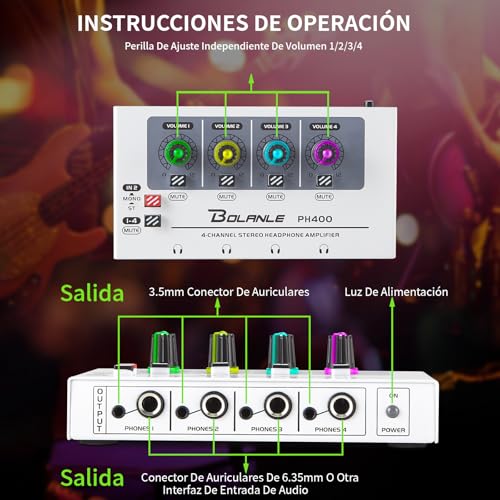 Bolanle PH400 4-Channel Headphone Amplifier with High Output Power, 8-Output Headphone Splitter (4x 3.5mm & 4x 6.35mm), Mono/Stereo Switch,Drives up to 250Ω Headphones for Studio, Band, Home Recording - Image 3