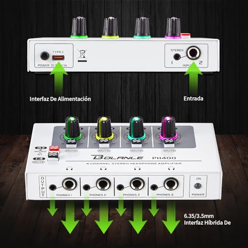 Bolanle PH400 4-Channel Headphone Amplifier with High Output Power, 8-Output Headphone Splitter (4x 3.5mm & 4x 6.35mm), Mono/Stereo Switch,Drives up to 250Ω Headphones for Studio, Band, Home Recording - Image 2