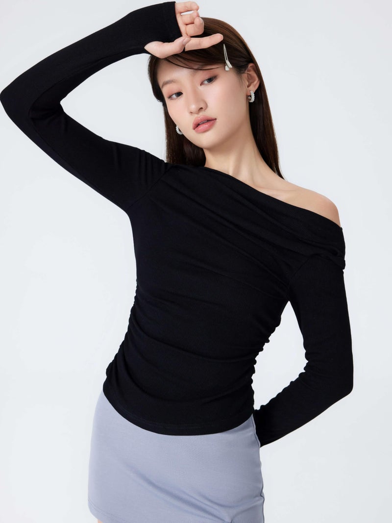 CIDER Women's Asymmetrical Top Off The Shouler Long Sleeve Shirts Ruched Going Out Crop Tops: Black, XS - Image 2