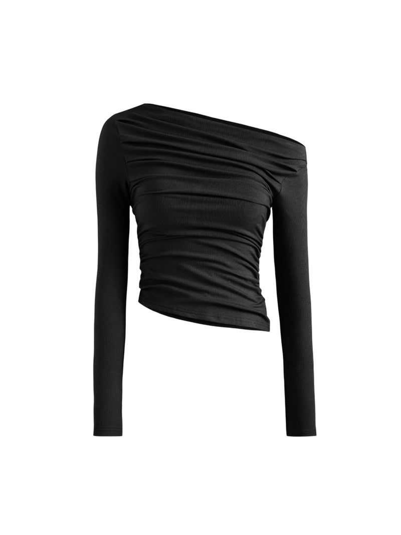 CIDER Women's Asymmetrical Top Off The Shouler Long Sleeve Shirts Ruched Going Out Crop Tops: Black, XS - Image 1