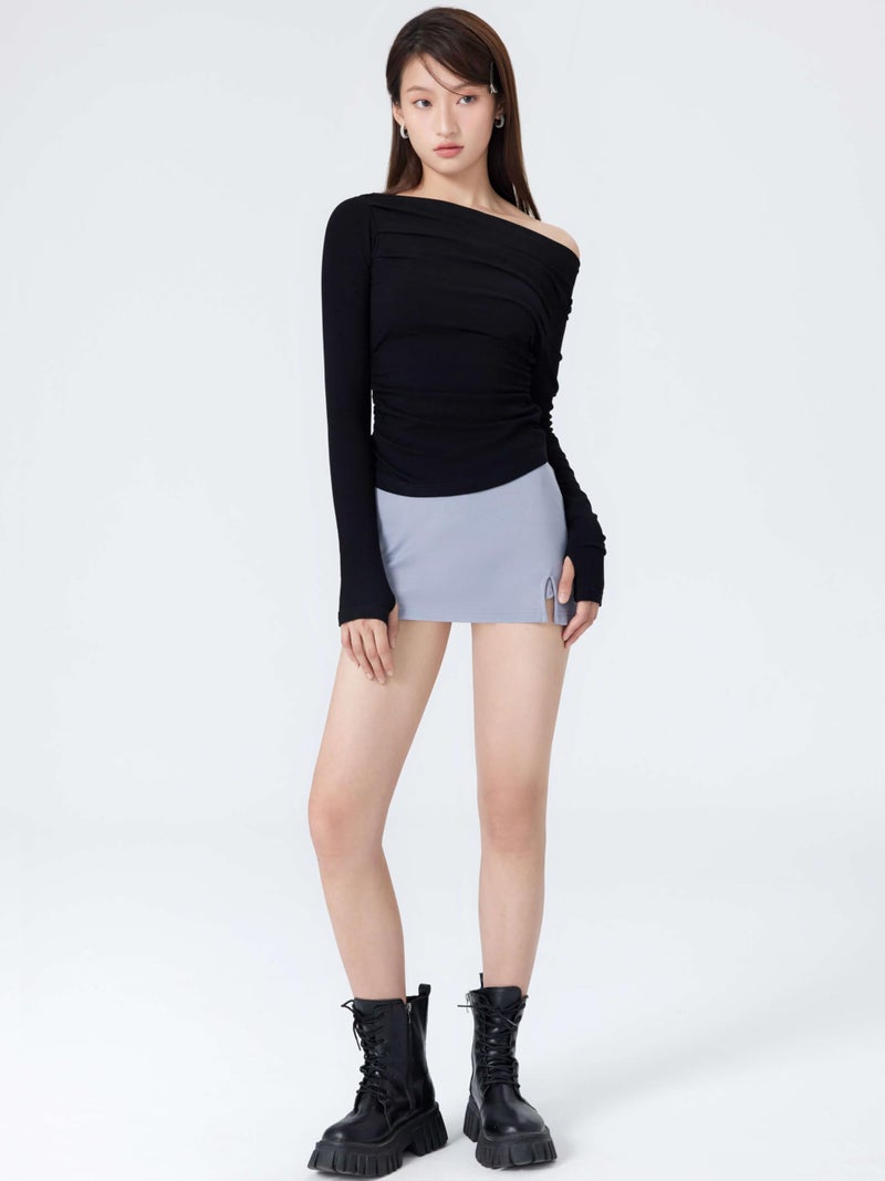 CIDER Women's Asymmetrical Top Off The Shouler Long Sleeve Shirts Ruched Going Out Crop Tops: Black, XS - Image 3