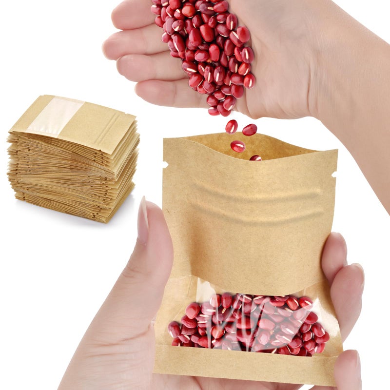 Wteehn 100 قطعة من أظرف البذور الصغيرة القابلة لإعادة الإغلاق، أكياس كرافت صغيرة بسحاب مع نافذة، أكياس عينة قهوة بحجم 2.7"x3.5" قابلة لإعادة الإغلاق، للأعمال الصغيرة لأكياس العينات، أكياس تخزين الطعام - Image 1