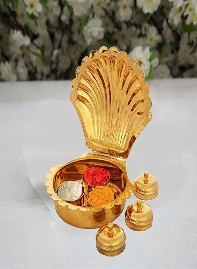 SOLINO Brass Haldi Kumkum Chawal Akshat Box Multi-Purpose Sindoor Box Pooja Items Storage Box with Golden Finish Home Temple Sheap Shaipe Kankavati Karanda - Image 1