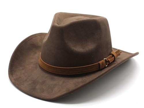 CCAKXCJJ Unisex Western Suede Cowboy Cowgirl Hat Classic Wide Brim Fedora Hat for Men &Women 197-Brown - Image 1