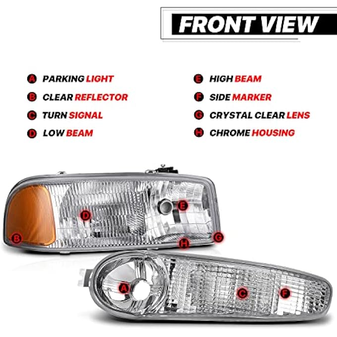 M-AUTO 4Pc Oe Style Left  Right Headlights Assembly Compatible With 2001 Gmc Sierra C3 0206 Sierra 1500 Denali 07 Sierra 1500 Classic 0106 Yukon Denali Yukon Xl 1500 - Image 3