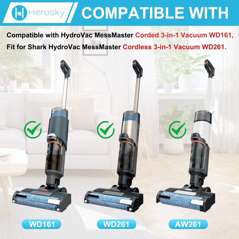 Herosky WD161 Roller and Filter For Shark HydroVac MessMaster Wet Dry Vacuum Cleaner WD161 WD261 AW261 (2 Brush 4 Foam Filter Kit) - Image 2
