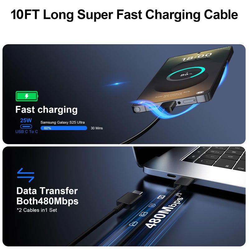 Vilive Super Fast Charger Type C, 25W USB C Wall Charger Fast Charging for Samsung Galaxy S25 Ultra/S25/S25+/S24+/S24 Ultra/S24/S24+/S23 Ultra/S22 Ultra/S21 Ultra with 10FT Long Type C Charger Cable 2Pack - Image 5