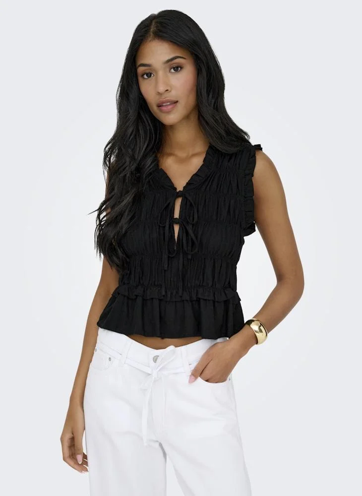 ONLGOA S/S LINEN BL FRILL TOP CC PNT