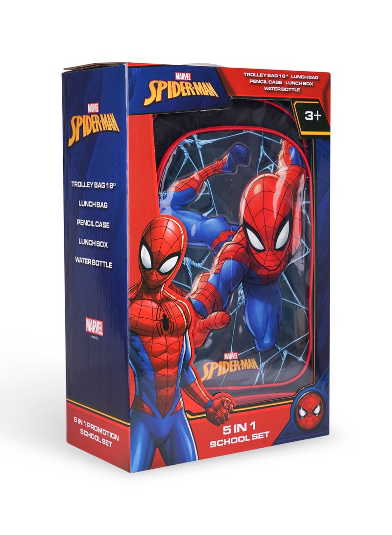 Marvel Spiderman 5-in-1 Trolley Backpack Set with Lunch Bag, Pencil Case, Lunch Box, and Water Bottle - 16 Inch, Waterproof, Thermal Insulated, and Easy to Use.