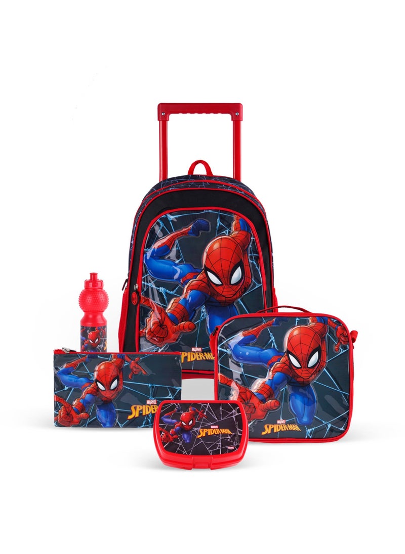 MARVEL Marvel Spiderman 5-in-1 Trolley Backpack Set with Lunch Bag, Pencil Case, Lunch Box, and Water Bottle - 16 Inch, Waterproof, Thermal Insulated, and Easy to Use.  - Image 1