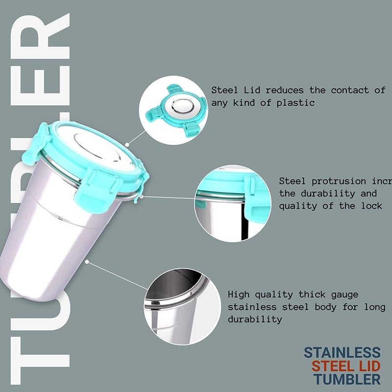 dhavl Stainless Steel Steel Airtight Leak Proof Freezer Safe Fusion Glass Tumbler with Stainless Steel Lid Multi Colour Capacity 400 ml - Image 5