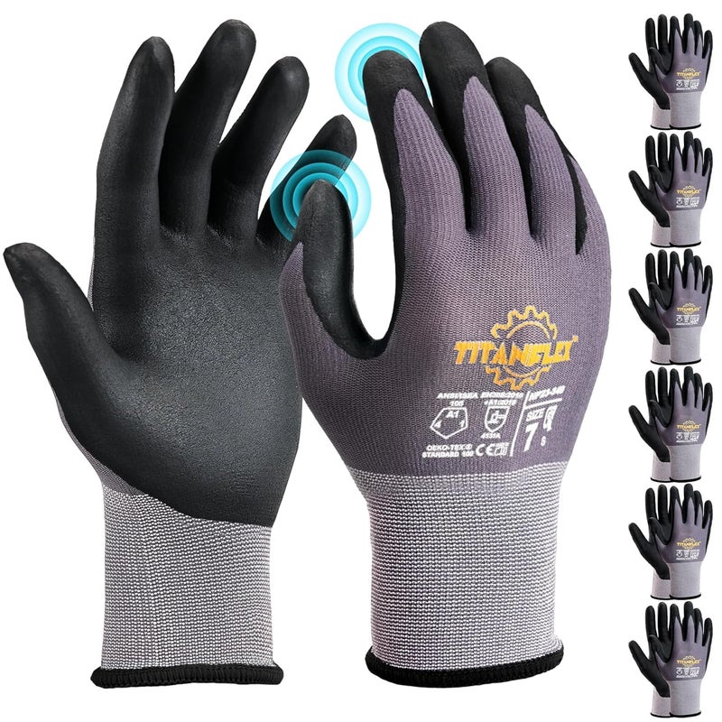 TitanFlex Work Gloves Microfoam Nitrile Coated Men Women-6 Pairs, Safety Warehouse Gloves Mens Working Glove with Grip Heavy Duty, Touchscreen, Seamless Knit Nylon for Automotive, Garden (Large) - Image 1
