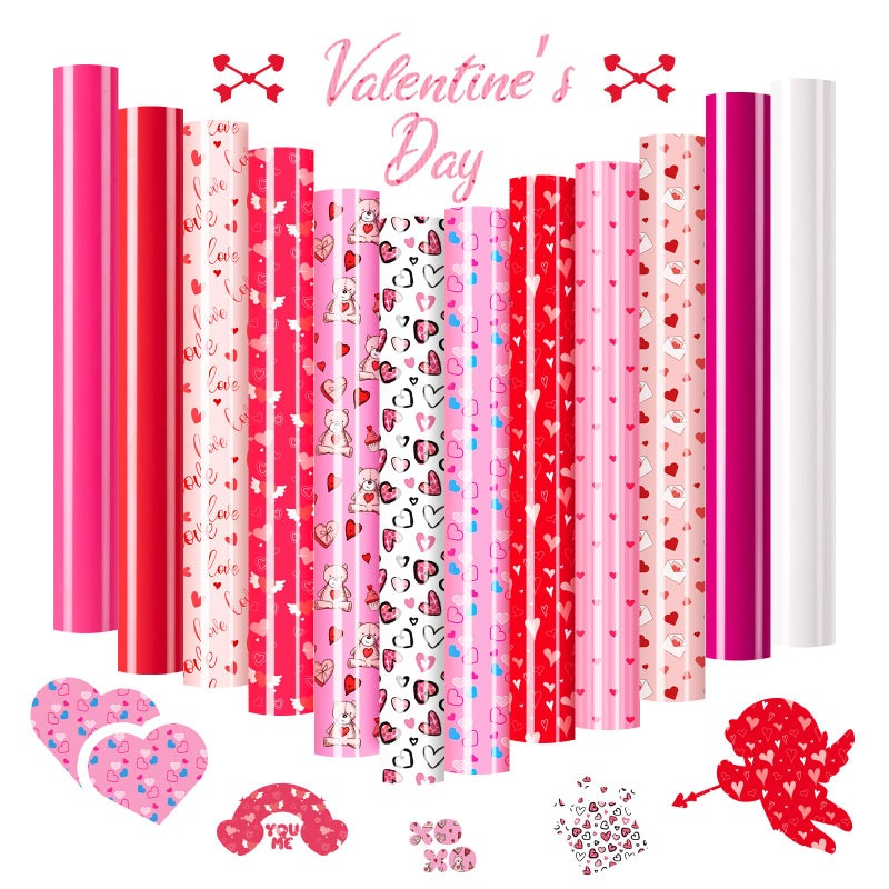 HTVRONT Valentine's Day Heat Transfer Vinyl - 13 Pack Iron on Vinyl for T-Shirts, HTV Vinyl with 1 PTFE Sheet - 12 * 10in Patterned HTV for Love and Heart - Image 1