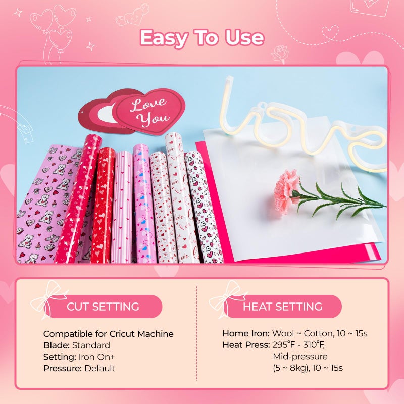 HTVRONT Valentine's Day Heat Transfer Vinyl - 13 Pack Iron on Vinyl for T-Shirts, HTV Vinyl with 1 PTFE Sheet - 12 * 10in Patterned HTV for Love and Heart - Image 3