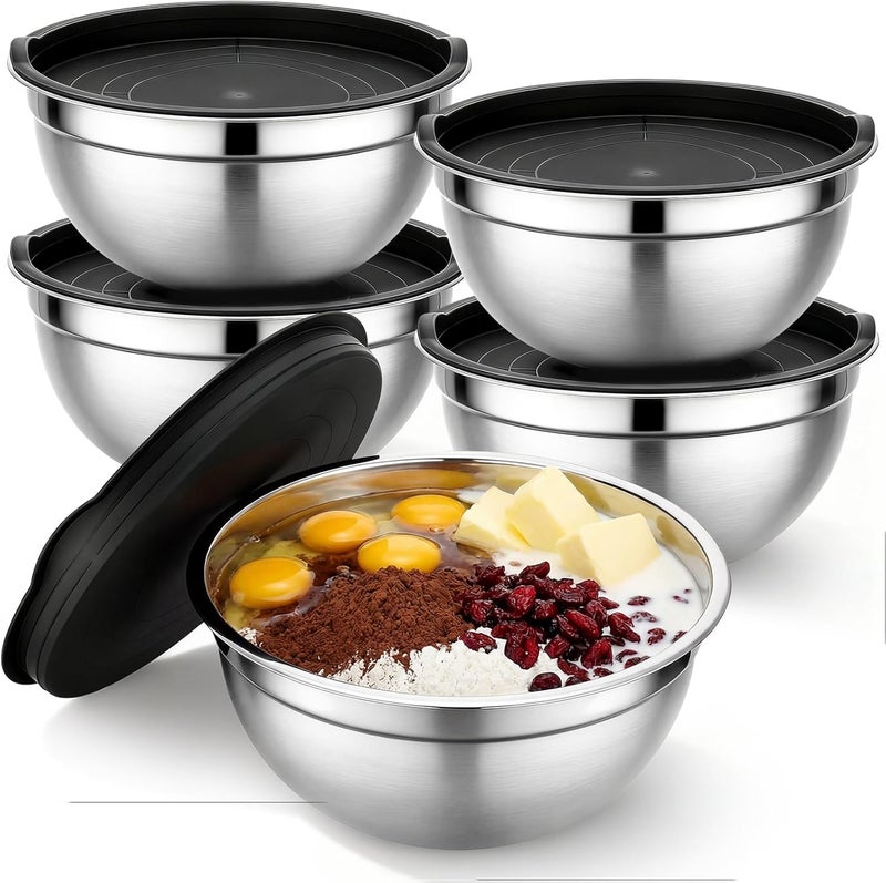 Beasea Mixing Bowls Set of 5, 3.4 QT Unbreakable Stainless Steel Mixing Bowls with Lids for Kitchen, Prepping, Food Serving, Storing, Nesting Metal Baking Bowl with Lid for Bread Dough, Cream, Batter - Image 1