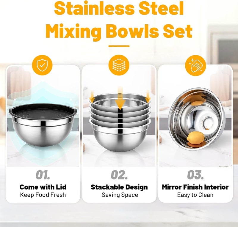 Beasea Mixing Bowls Set of 5, 3.4 QT Unbreakable Stainless Steel Mixing Bowls with Lids for Kitchen, Prepping, Food Serving, Storing, Nesting Metal Baking Bowl with Lid for Bread Dough, Cream, Batter - Image 3