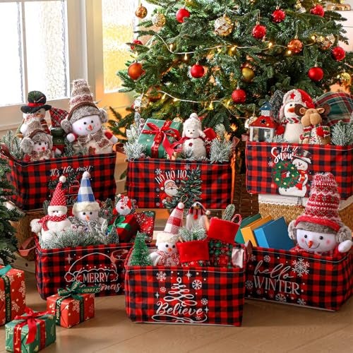 CHENGU 6 Pack Christmas Storage Basket Collapsible Christmas Basket for Gifts Buffalo Plaid Holiday Decor Large Snowman Bin Foldable Xmas Tree Box with Handle for Bedroom Office Home - Image 3