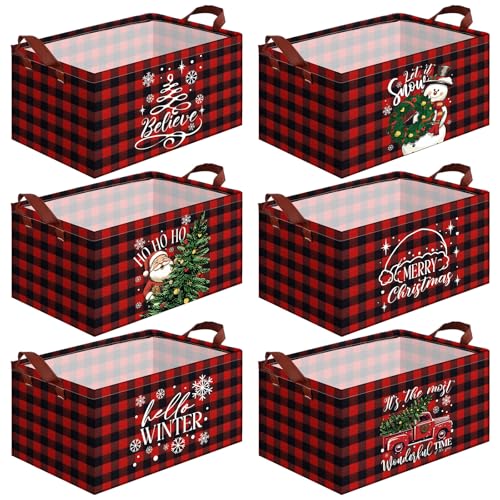 CHENGU 6 Pack Christmas Storage Basket Collapsible Christmas Basket for Gifts Buffalo Plaid Holiday Decor Large Snowman Bin Foldable Xmas Tree Box with Handle for Bedroom Office Home - Image 1
