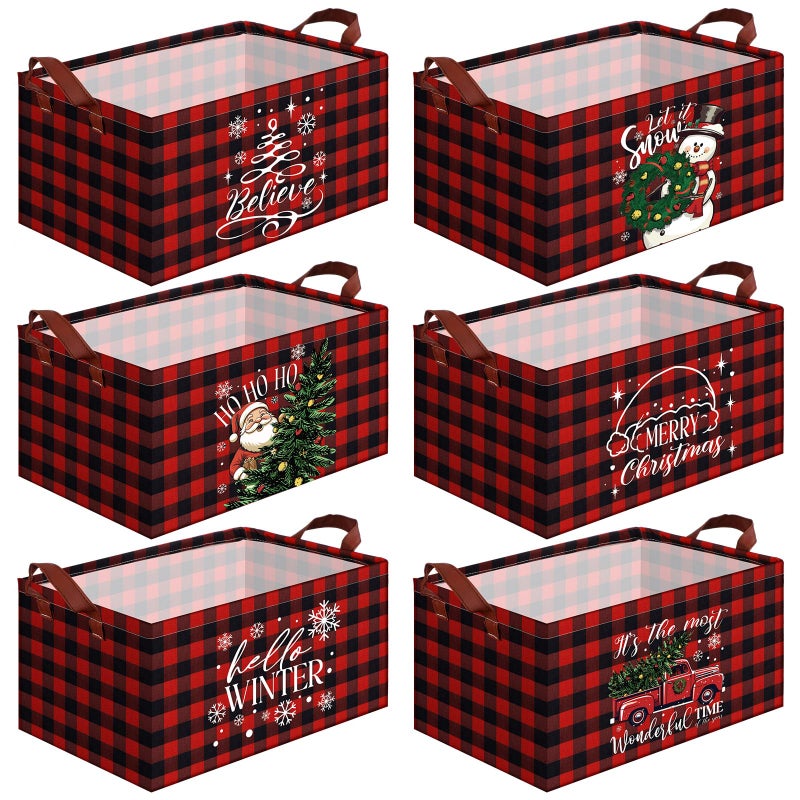 CHENGU 6 Pack Christmas Storage Basket Collapsible Christmas Basket for Gifts Buffalo Plaid Holiday Decor Large Snowman Bin Foldable Xmas Tree Box with Handle for Bedroom Office Home - Image 2