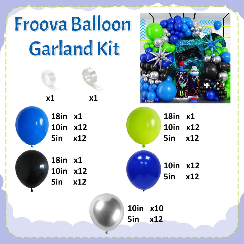Froova Video Game Balloon Arch Garland Kit, 125pcs Dark Blue and Green Black Silver Balloon with Royal Blue Silver Explosion Star Foil Balloons for Boys Gaming Night Birthday Baby Shower Party Decorations - Image 2