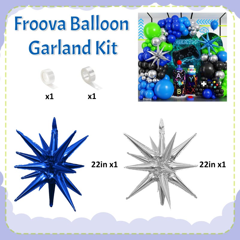 Froova Video Game Balloon Arch Garland Kit, 125pcs Dark Blue and Green Black Silver Balloon with Royal Blue Silver Explosion Star Foil Balloons for Boys Gaming Night Birthday Baby Shower Party Decorations - Image 3