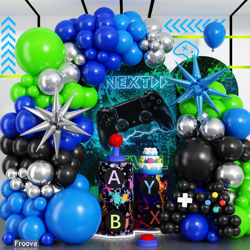 Froova Video Game Balloon Arch Garland Kit, 125pcs Dark Blue and Green Black Silver Balloon with Royal Blue Silver Explosion Star Foil Balloons for Boys Gaming Night Birthday Baby Shower Party Decorations - Image 1